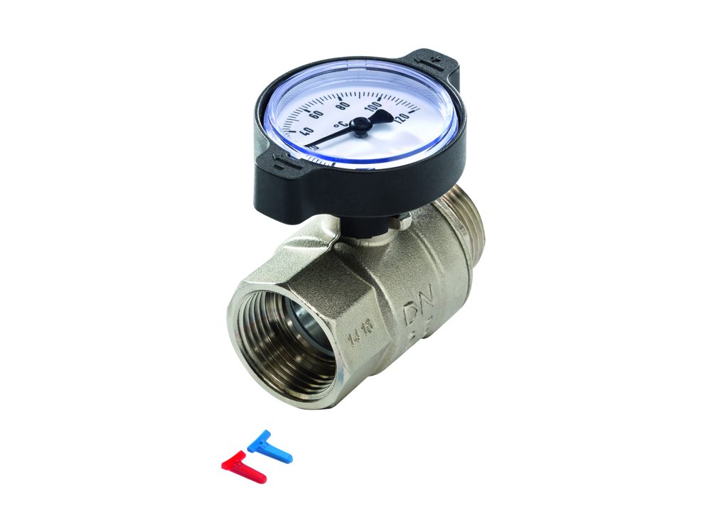 TECEfloor Kugelhahn m. Thermometer, 1" Clips rot/blau, Rp 1" x R 1" u. Flachd.